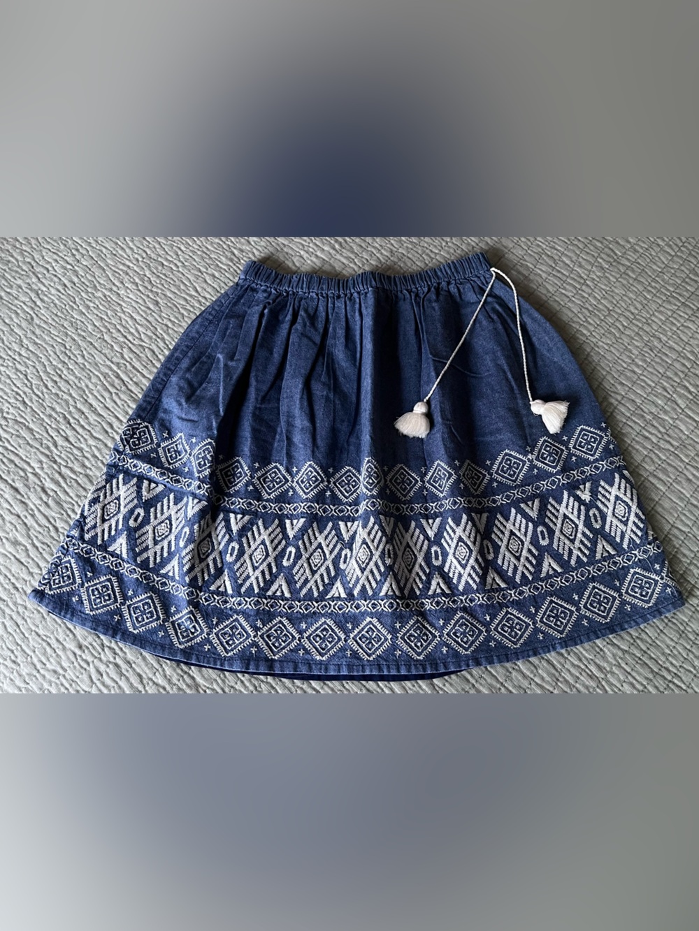 Pink Chicken Navy Blue Skirt with White Embroidered Hem and Tassels